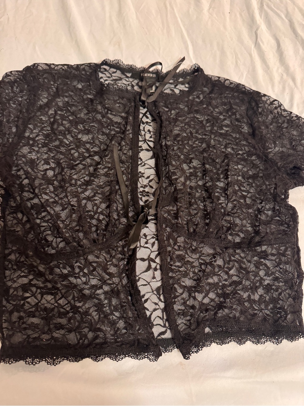 Forever 21 Black Sheer Floral Lace Robelet with Tie